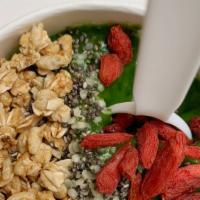 Super Green Bowl · Banana, dates, cashews, cacao powder, cacao nibs, sea salt, walnuts, goji berries, oat milk ...