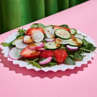 Strawberry Salad · Mixed greens with fresh strawberries, cucumbers, radishes, and a balsamic vinaigrette.