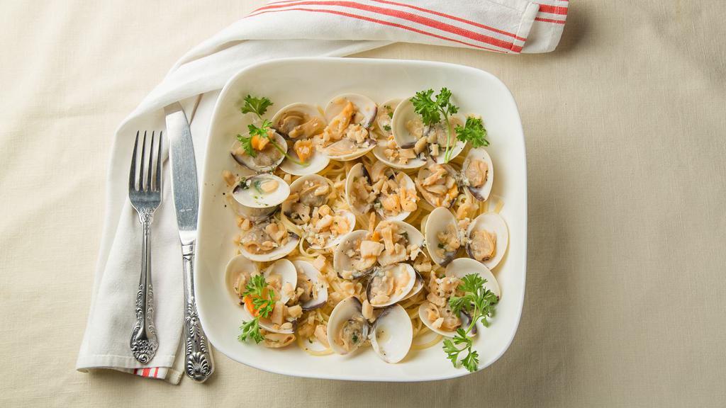 Linguini White Clam Sauce · Whole baby clams mixed with chopped sea clams served in a white wine, and garlic sauce.