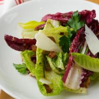 Romana Salad · baby romaine, warm guanciale, cacio e pepe dressing, pecorino