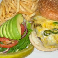 Mexican Burger Deluxe · Sauteed onion, jalapeno, avocado, extra Monterrey & Cheddar melted cheeses. Accompanied with...