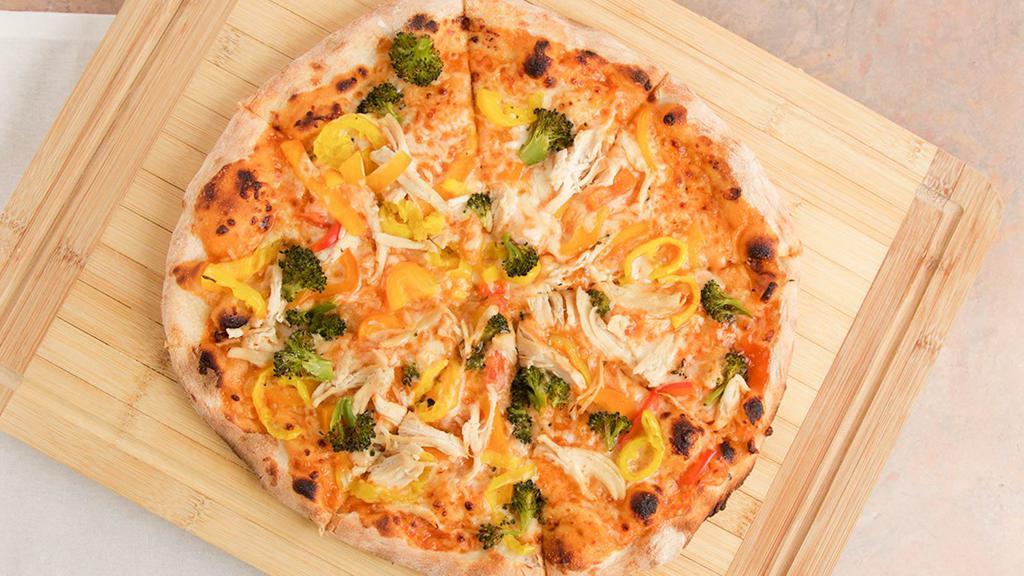 Sweet & Saucy · Sweet buffalo sauce, white Cheddar cheese, banana peppers, pineapple, bell pepper, broccoli, chicken.