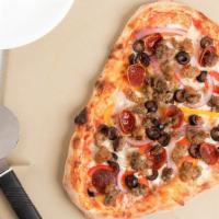 Supreme · Hearty tomato sauce, Mozzarella cheese, bell peppers, red onion, olives, cup and char pepper...