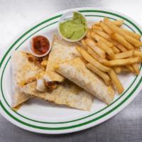 Chicken Quesadillas · Served with monterey jack cheddar cheese grilled peppers and onions.