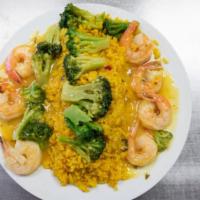 Shrimp & Broccoli · With scampi sauce over rice.