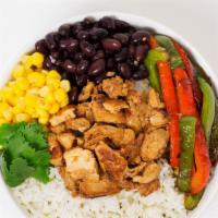 Fajita Bowl · Your choice of rice and protein served with black beans, corn, fajita vegetables, cilantro, ...