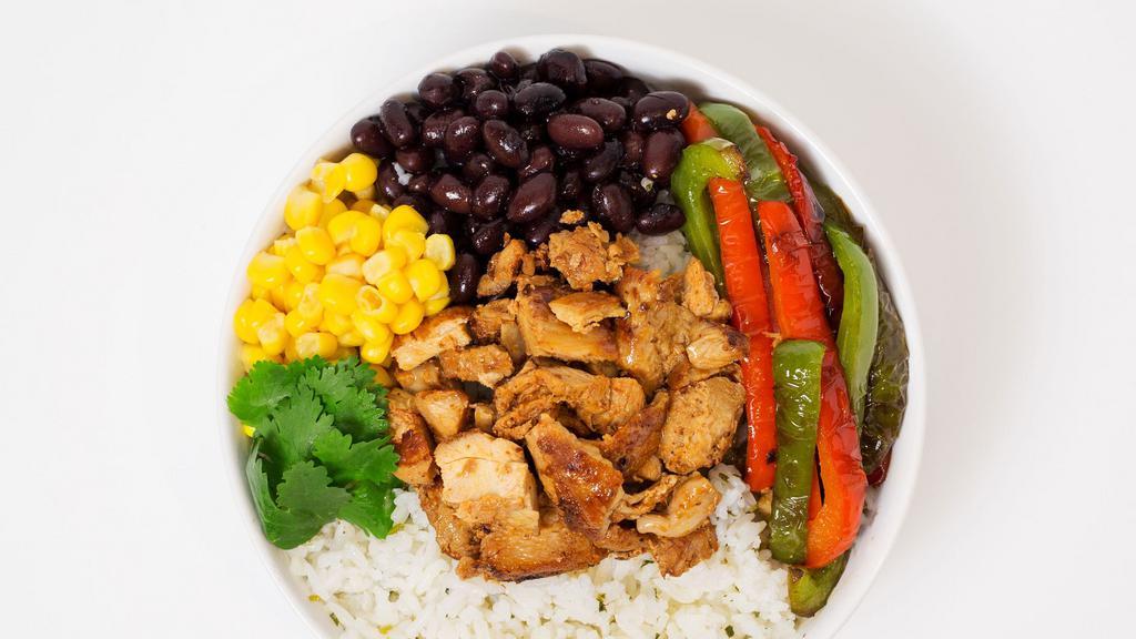Fajita Bowl · Your choice of rice and protein served with black beans, corn, fajita vegetables, cilantro, and a side of salsa.