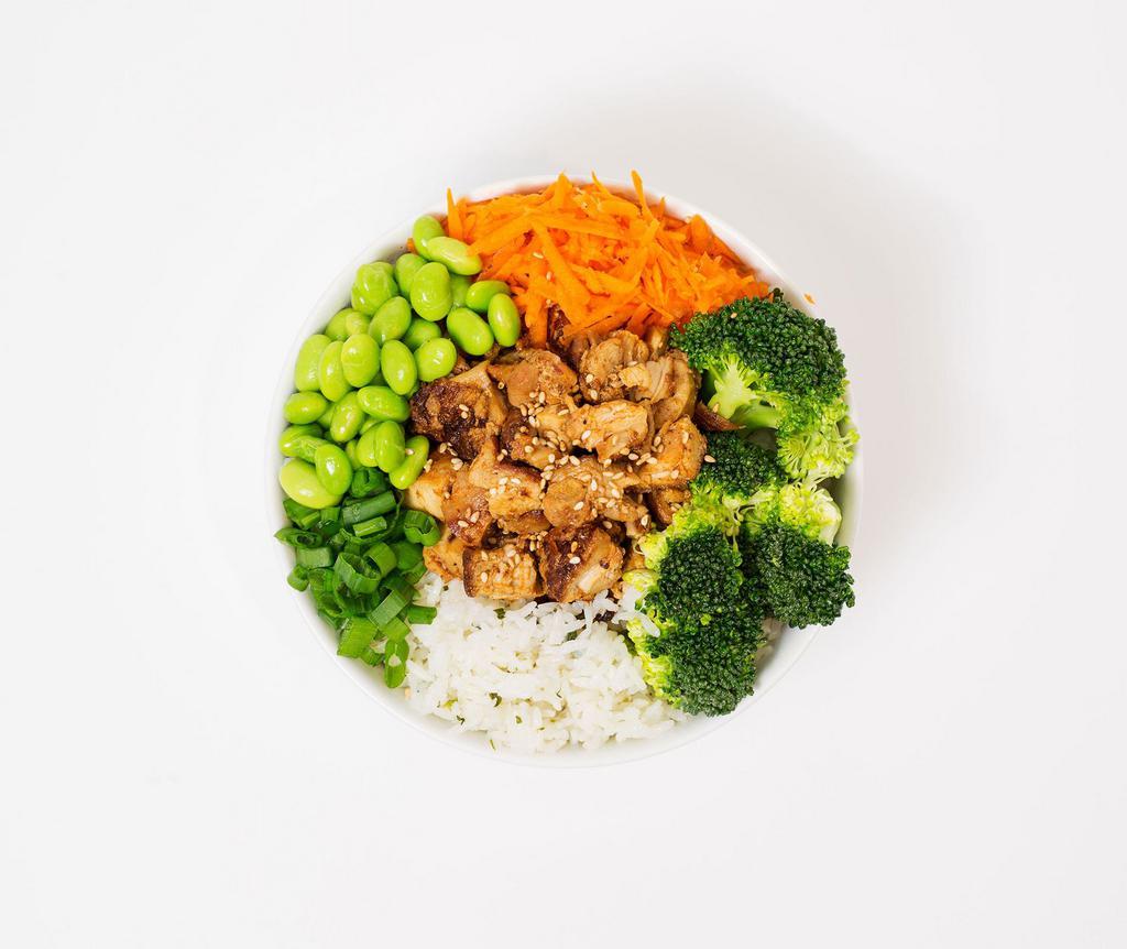 Southeast Bowl · Your choice of rice and protein served with broccoli, edamame, shredded carrots, scallions, sesame seeds, and a side of Asian viniagrette.