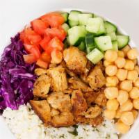Mediterranean Bowl · Your choice of rice and protein served with shredded cabbage, feta cheese, diced tomato and ...