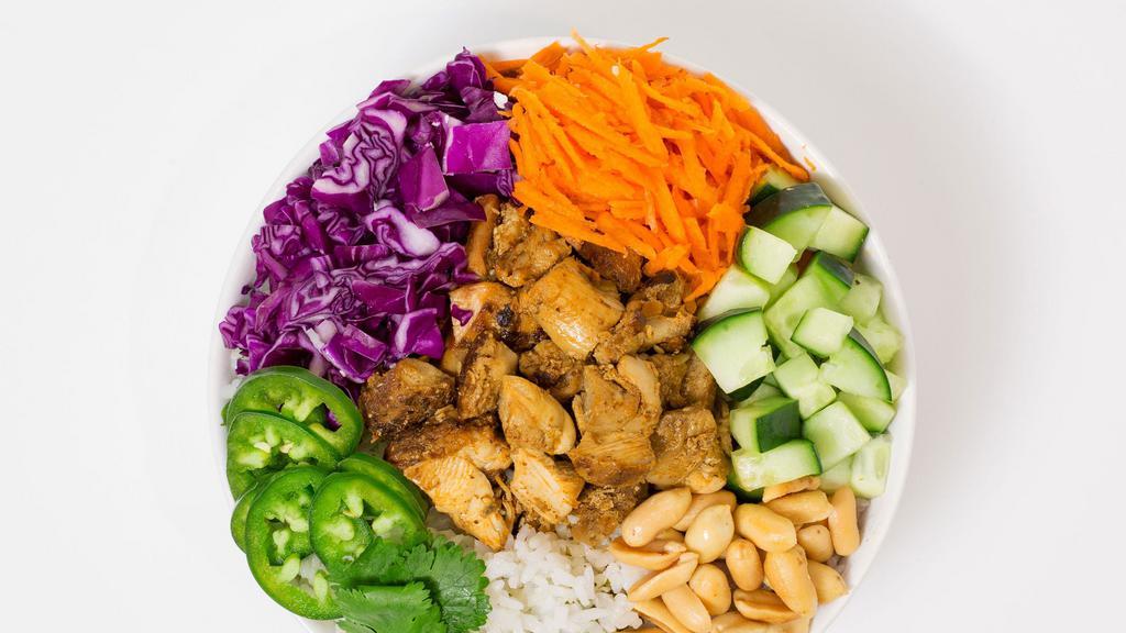 Banh Mi Bowl · Your choice of rice and protein served with shredded cabbage, sliced carrots, diced cucumber, jalapenos, cilantro, chopped peanuts and a side of Asian vinagrette.
