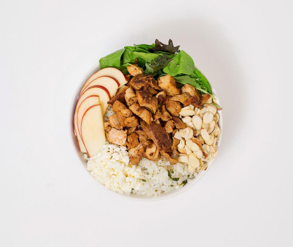 Apple Bowl · Your choice of rice and protein served with mixed greens, sliced apples, almonds, goat cheese crumbles, and a side of balsamic viniagrette.