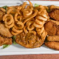 Combo Platter · Chicken wings, chicken fingers, mozzarella sticks, curly fries, and potato skins.