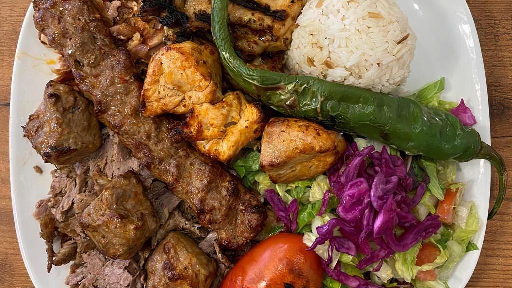 Mixed Grill · Four different kebabs in one dish. An inviting combination of shish kebab, adana kebab, gyro kebab, chicken gyro, and chicken chops.