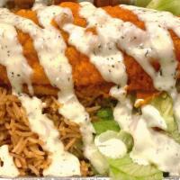 Fish Over Rice · Fish over rice with Salad, Your choice of sauce