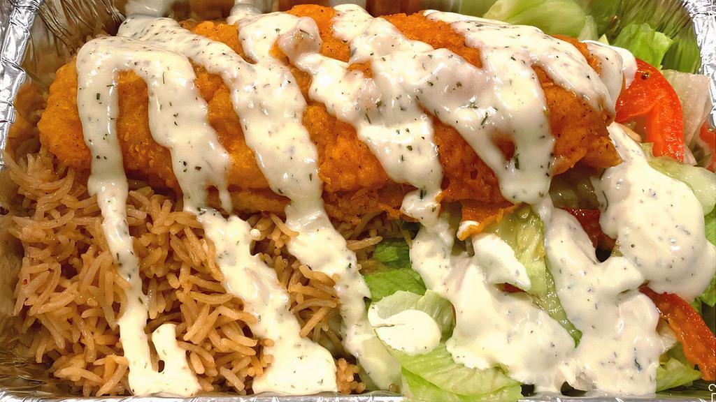 Fish Over Rice · Fish over rice with Salad, Your choice of sauce