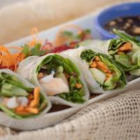 Thai Chic Roll · Shrimp, lettuce, carrots, mint, and cucumber wrapped in fresh vermicelli skin with hoisin-pe...