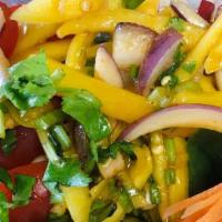 Mango Salad · Recommended. Shredded Mango mixed with Thai chili, cherry tomatoes, red onions, cashew nuts,...