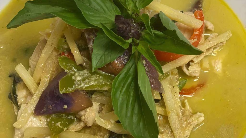 Green Curry · Spicy. Green chili paste with eggplants, fresh basil, bamboo shoots, bell peppers, string beans and eggplants simmered in coconut milk.