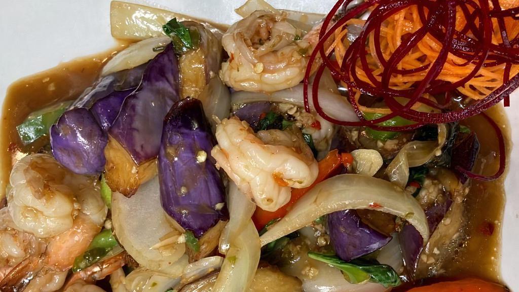 Eggplant Basil · Recommended, Spicy. Sautéed eggplants, garlic, onions, fresh basil, and bell peppers in exotic Thai spicy sauce.
