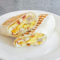Hungry Man And Woman  · Eggs, bacon, ham and sausage with cheese on a wrap