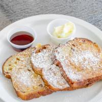 Cinnamon Raisin  · 3 Delicious slices of Cinnamon Raisin French toast with powdered sugar and syrup sand butter...