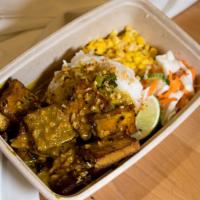 Curry Tofu Box (Vegan) · Organic tofu top with our signature curry sauce Served with jasmine rice, pickled veggies, a...