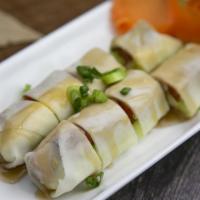 Thai Summer Roll · Egg roll wrap, egg, tofu, mushroom, bean sprouts, sweet pork sausage and cucumber. Homemade ...