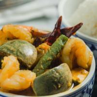 Salted Fish Paste Curry (Tiplah) · Served with shrimp, Thai eggplant, cashew, bamboo shoots and string bean.