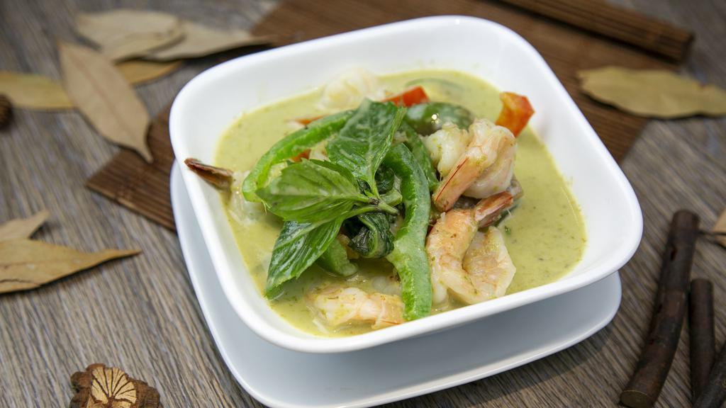 Green (Gaeng Keow) · Spicy, coconut based, spicy with flavors of green Thai chili, coriander, lemongrass, and galangal. Choice of chicken, beef, pork, or tofu with bamboo shoots, Thai eggplant, bell pepper, and Thai basil.