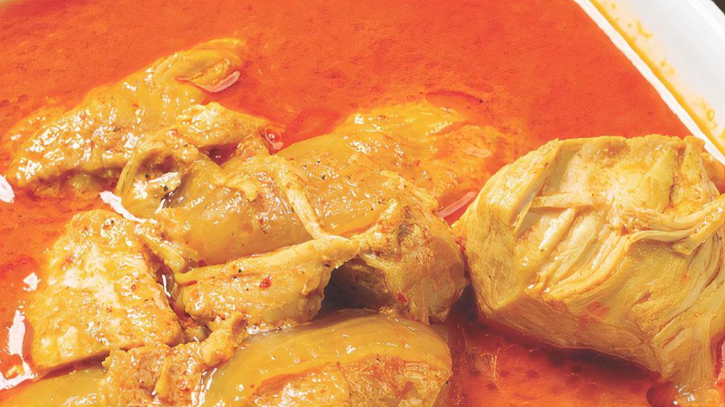 Yellow Chicken (Gaeng Karee Gai) · Mild, coconut based with turmeric, cumin, coriander, and dried red chili. Sliced chicken breast with stewed chicken.