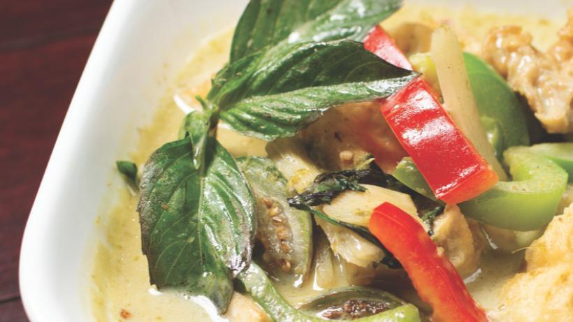 Vegan Green Curry · Vegetarian mock-duck or tofu with Thai eggplant, bamboo shoots and bell pepper.