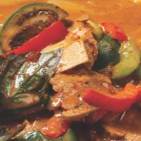 Vegan Red Curry  · Vegetarian mock-duck or tofu with Thai eggplant, bamboo shoots and bell pepper.