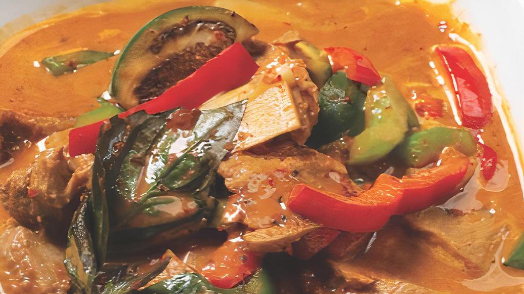 Vegan Red Curry  · Vegetarian mock-duck or tofu with Thai eggplant, bamboo shoots and bell pepper.