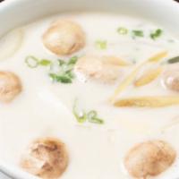 Vegan Tom Kha · Thai hot and sour-style soup with coconut milk, lemongrass, galangal, lime juice, tofu, mush...