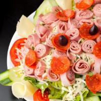 Antipasto Salad · Fresh Spring Mix, Fresh Mozzarella, Pepperoni, Black Olives, Onion, Cherry Tomatoes and Cucu...