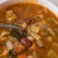 Vegetable Minestrone · Our homemade vegetable broth with beans, garden vegetables, & pasta.