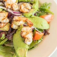 Avocado And Shrimp Salad · mesculin lettuce, tomato, red onion, avocado, topped with shrimp, and served with our house ...