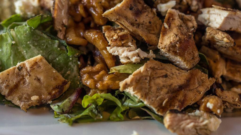 Capricciosa Salad · mesculin lettuce, mixed with walnuts, grilled chicken, and crumbled bleu cheese tossed in a honey mustard dressing.