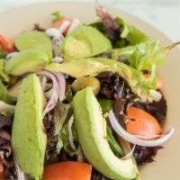Avocado Salad (Vegan) · Avocado, red onion, tomatoes, and balsamic dressing