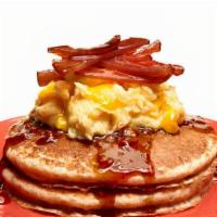 Pancakes (3Pcs), Eggs, Any Meat · crispy bacon with pancakes and eggs