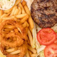 Hamburger Deluxe · With lettuce and tomato, served with French fries, onion rings, pickle and coleslaw.