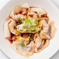 Wonton With Spicy Sauce 紅油抄手 · Chicken wontons with spicy minced pork sauce.