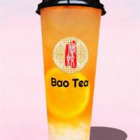 Lychee Peach · Jasmine green tea with lychee and peach jam,  topped with lychee jelly.