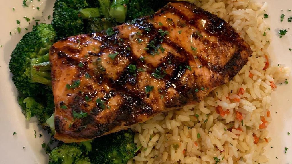 Grilled Salmon Entree · Served with rice and sauteed broccoli.