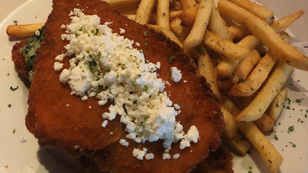 Stuffed Crispy Chicken Entree · Stuffed with spinach and feta served with Greek fries.