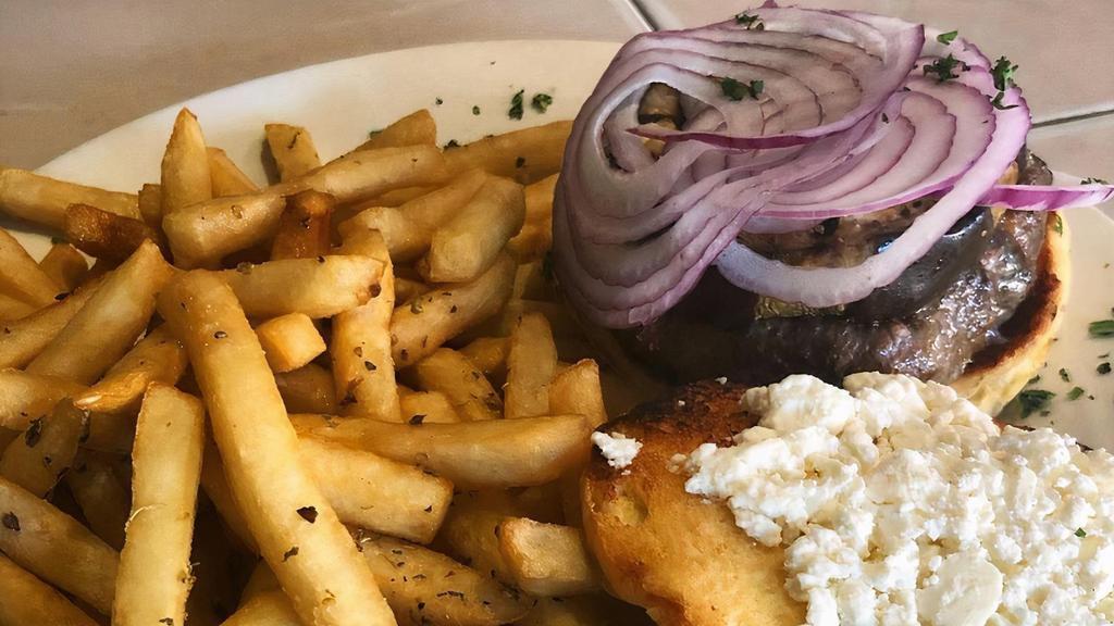 Greek Burger Entree · Grilled eggplant, onion and feta served with greek fries.