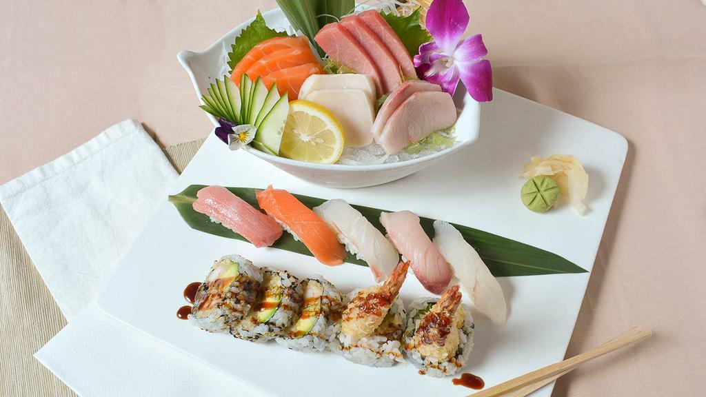 Sushi And Sashimi Combo For One · 5 pieces of assorted sushi & 10 pieces of sashimi with a shrimp tempura roll.