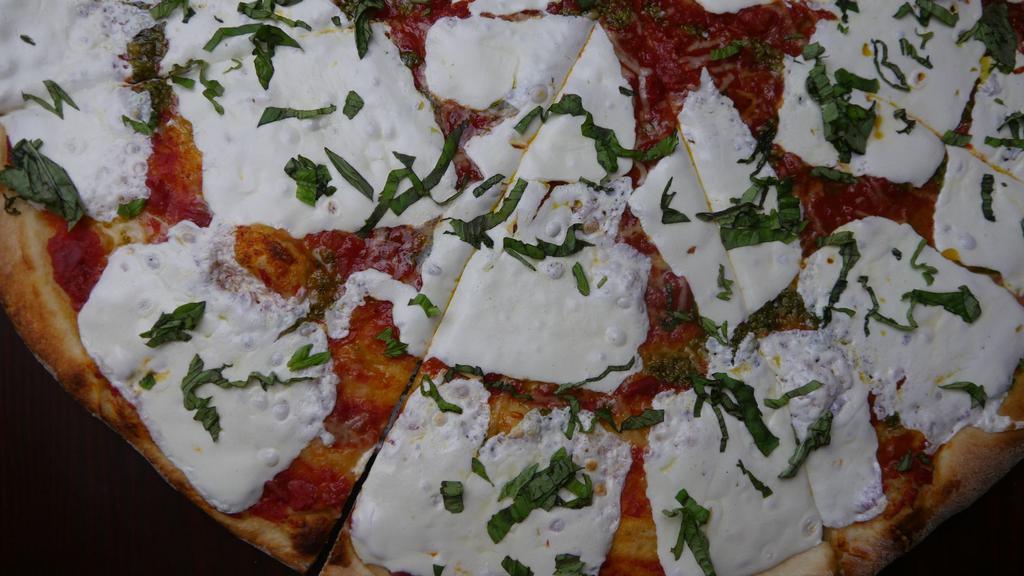 Margherita Pizza (Large) · Plum tomato sauce, fresh mozzarella cheese, and basil.
