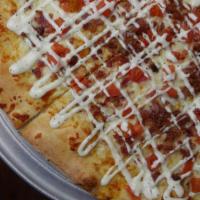 Bacon Ranch Rio Pizza (Small) · Bacon bits with fresh tomatoes and mozzarella cheese topped with ranch dressing.