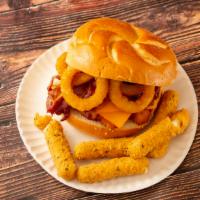 Bravo · Chicken cutlet with bacon, cheddar, onion rings & bbq sauce